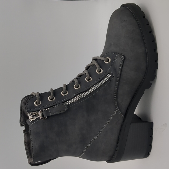 Gray Women Combat Ankle Boots Chunky Mid Heels - Picture 2 of 5